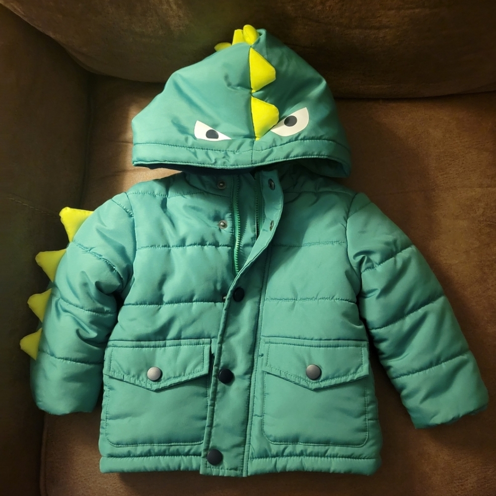 Boys 12M Quilted Puffer Little Me Dinosaur Jacket Hooded Collar Fleece Line Warm